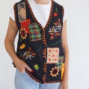 Vintage Holiday Editions Black Patchwork Embroidered Plaid Leaf Sunflower Vest M